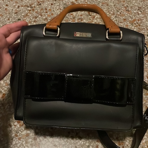 KATE SPADE Bow Bridge Kennedy Black & Tan Ostrich Leather Handbag - Picture 2 of 12